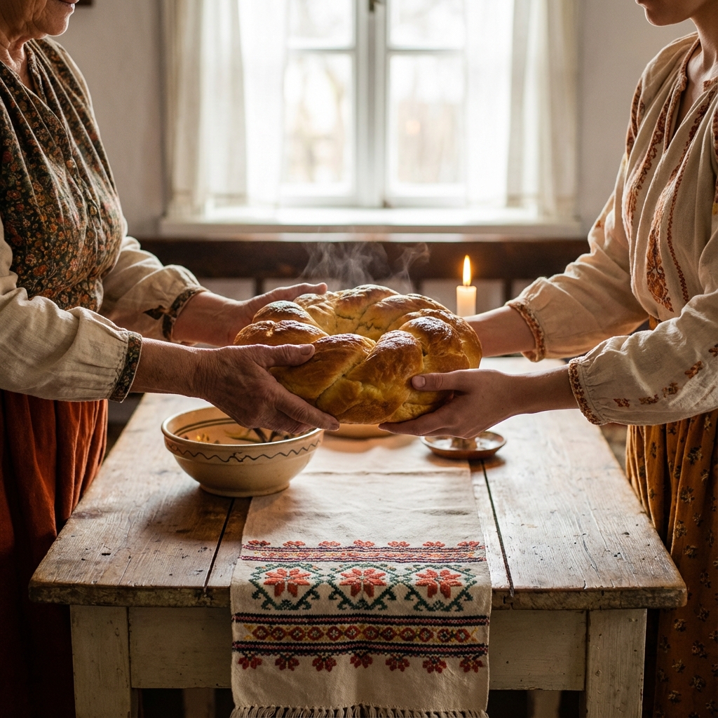Mâini care oferă pâine caldă simbolizând generozitatea și hrănirea sufletească