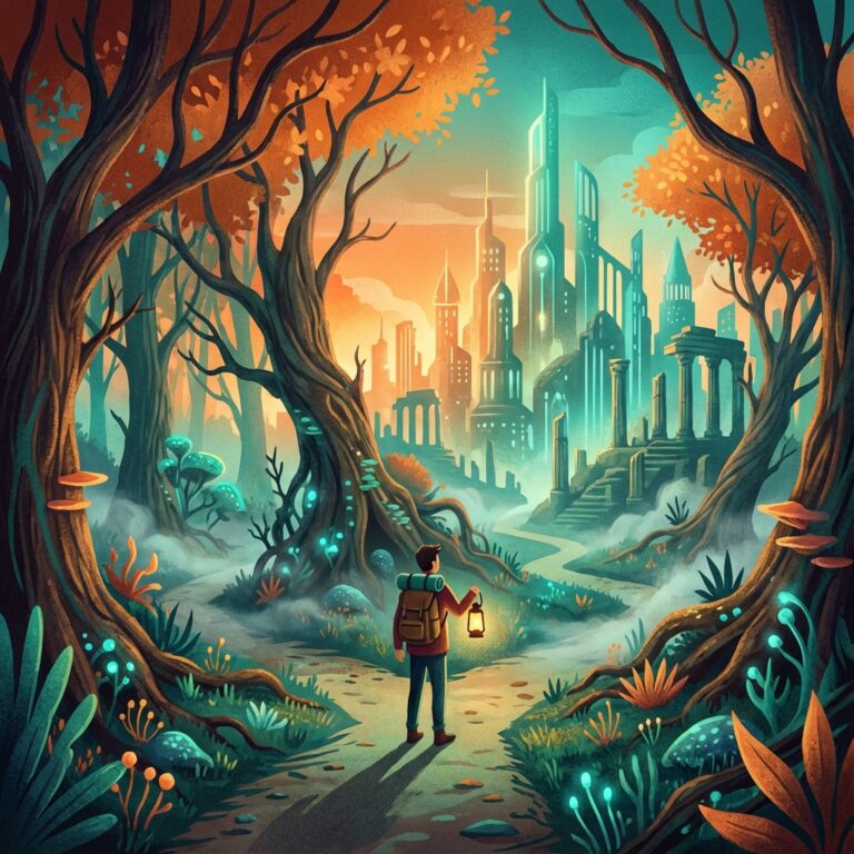 Ilustrație artistică reprezentând rătăcirea în vis - o persoană la o răscruce misterioasă între pădure și oraș