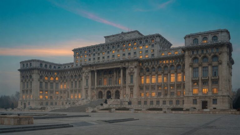 Palatul Parlamentului din București la amurg, piața goală