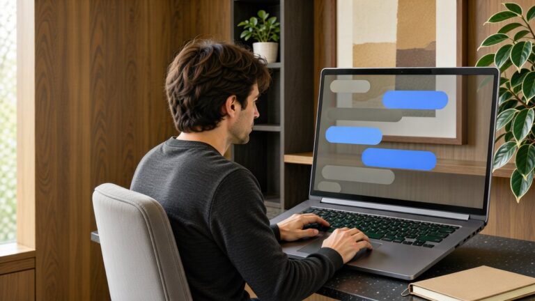 Un adult tastează pe laptop într-un birou de acasă.