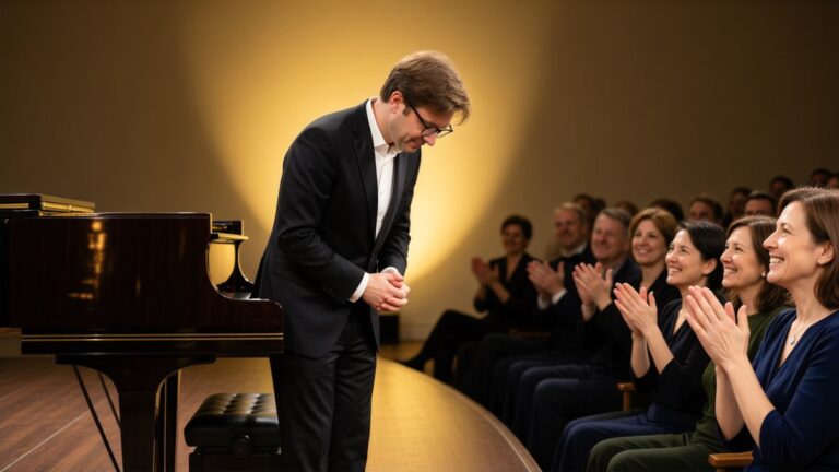 Pianist salută publicul sub luminile scenei, după un moment triumfal.