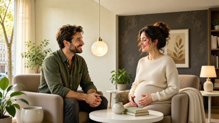 O femeie vizibil însărcinată stă de vorbă cu un bărbat într-un living luminos.