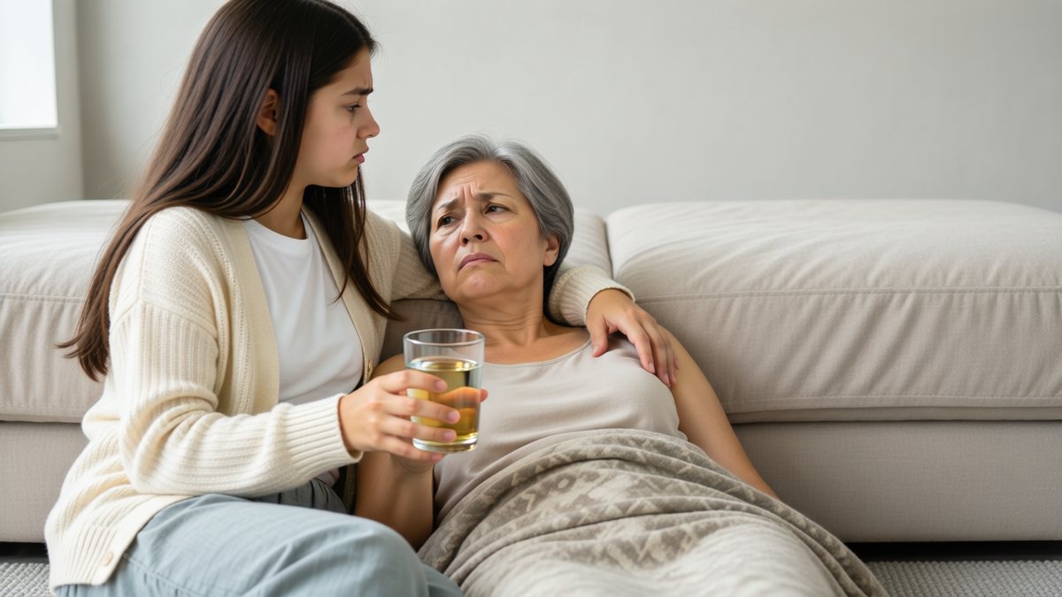 O fiică își sprijină mama bolnavă, rezemată de canapea și acoperită cu o pătură, oferindu-i un pahar cu lichid.