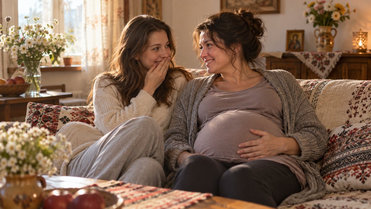 O fiică adultă stă alături de mama ei adultă, însărcinată, într-un cadru familial.