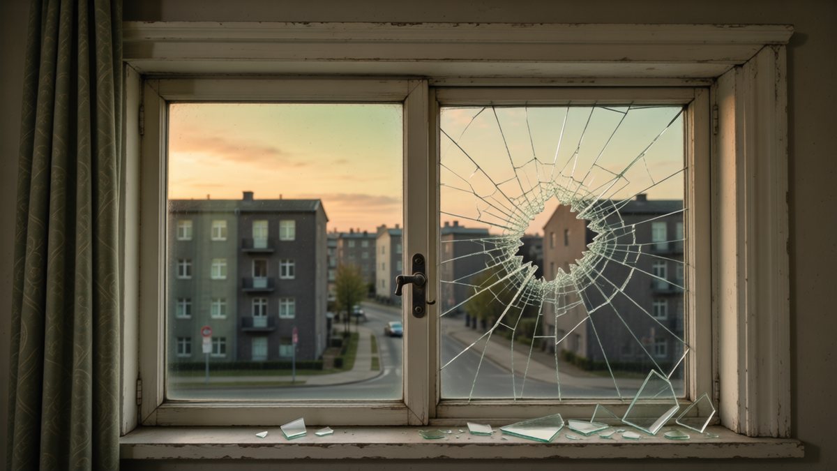 Fereastră de apartament cu geamul crăpat și câteva cioburi pe pervaz.