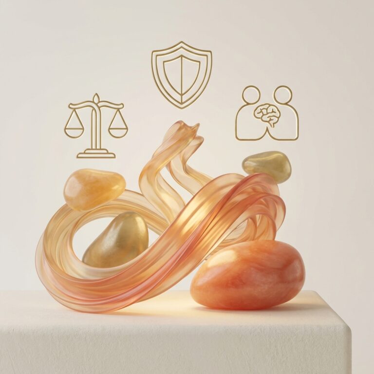 Vizualizare conceptuală Claude AI - forme organice în nuanțe calde cu simboluri de balanță, scut și conexiune umană