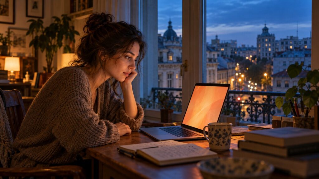 Tânără care lucrează seara la laptop într-un apartament din București, cu acoperișurile orașului în fereastră