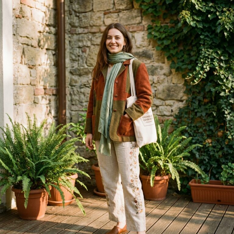 Femeie în ținută sustenabilă, modă eco-friendly cu elemente naturale