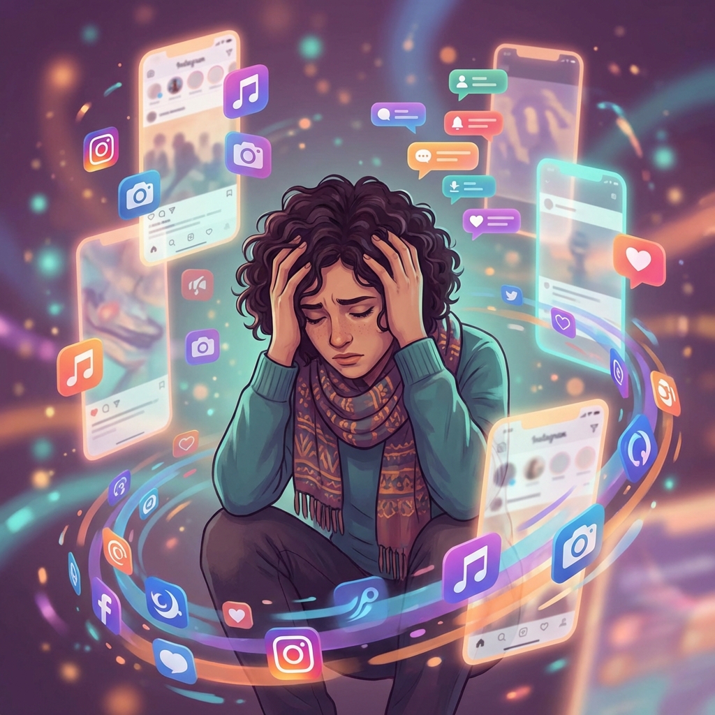 Persoană copleșită de notificări social media, ilustrând FOMO și anxietatea digitală