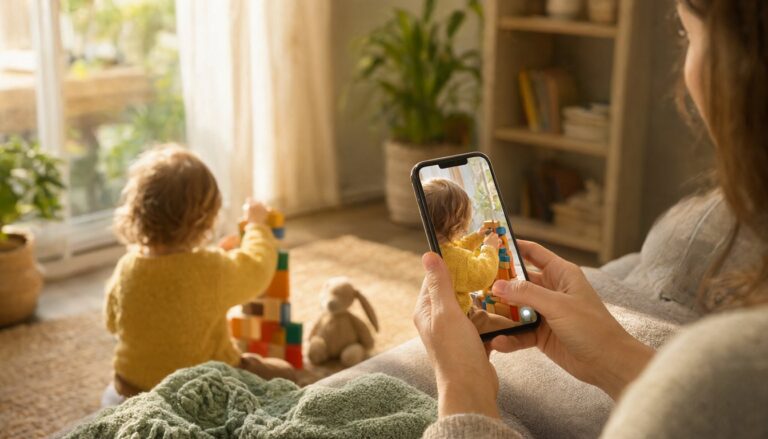 Mamă pe canapea care ține un telefon cu fotografia copilului surprins din spate, în timp ce copilul în pulover galben construiește un turn din cuburi lângă fereastră
