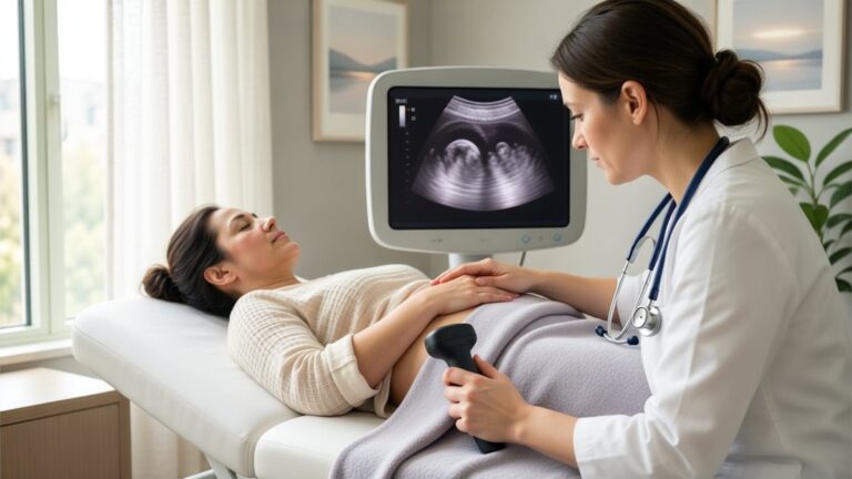 O femeie întinsă pe patul de consultație, examinată de o doctoriță, lângă un monitor cu imagine ecografică.