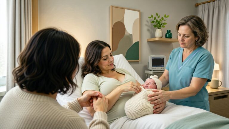 Un adult ține mâna unei mame într-o maternitate, lângă nou-născut.