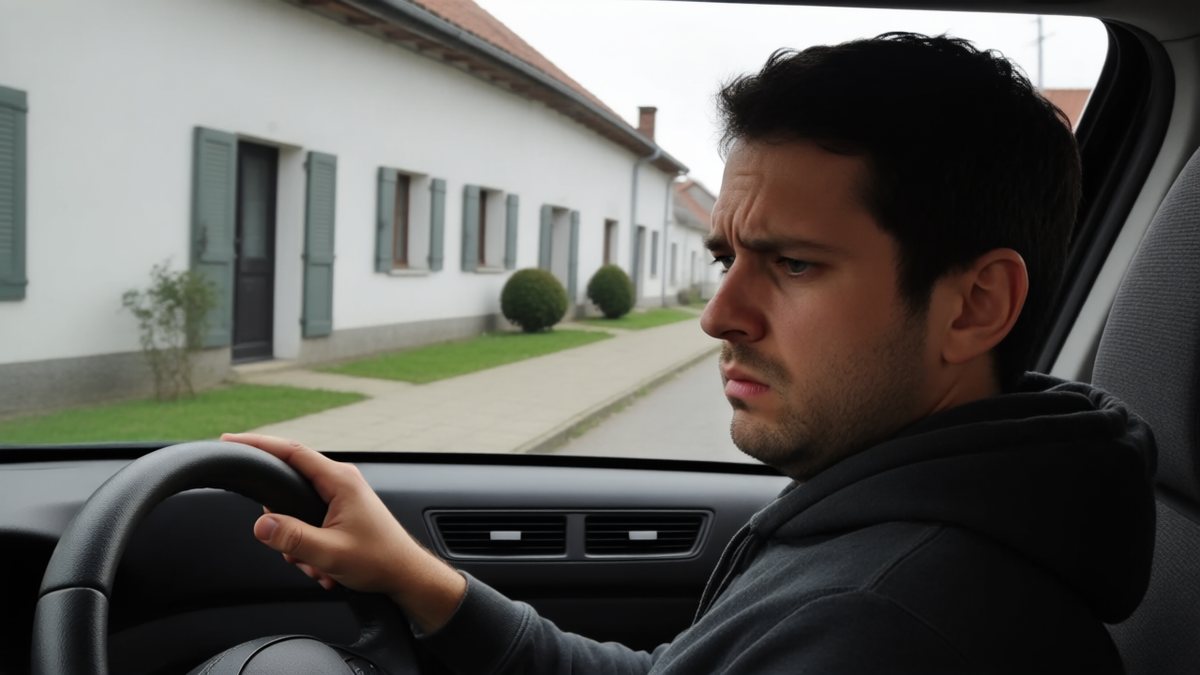 Un adult conduce o mașină fără embleme pe o stradă liniștită.