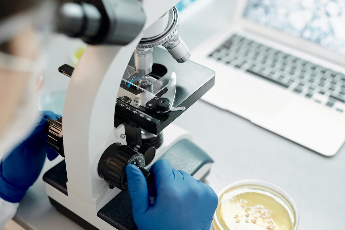 Cercetător care examinează o mostră la microscop, metodă folosită la identificarea bacteriei E. coli