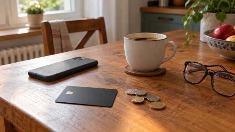 Card bancar, monede și un telefon întors pe o masă din lemn, lângă o cană de cafea.