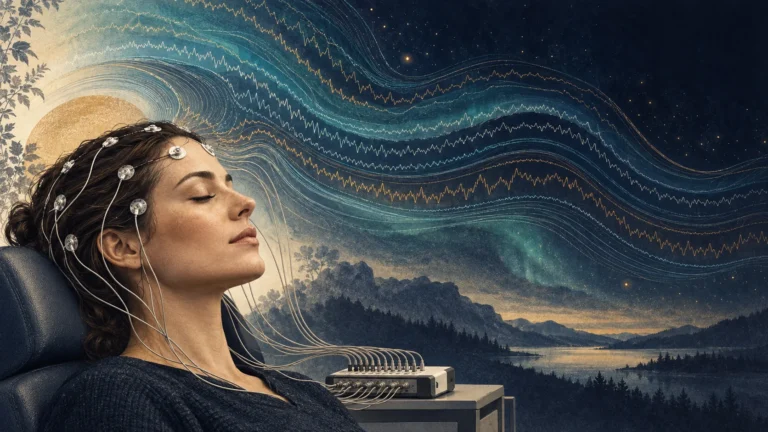 Ilustrație a unei persoane cu electrozi EEG pe scalp, conectați la un aparat; undele cerebrale sunt reprezentate deasupra.