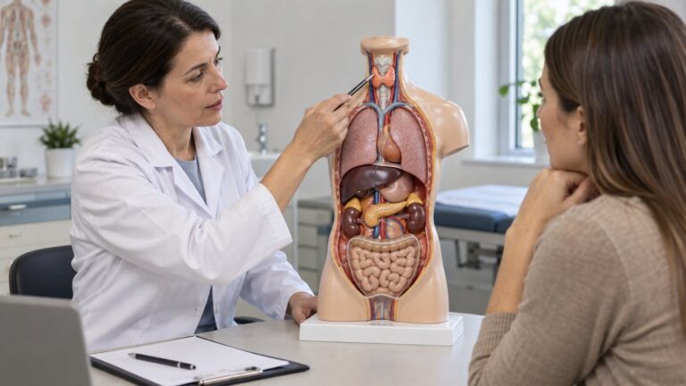 Un medic arată glande endocrine pe un model anatomic simplu.