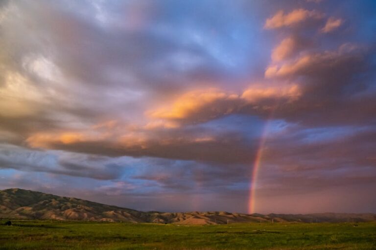 Curcubeu spectaculos printre nori dramatici la apus, într-un peisaj de țară luxuriant