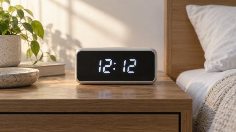 Un ceas digital simplu afișează ora 12:12 pe noptieră.