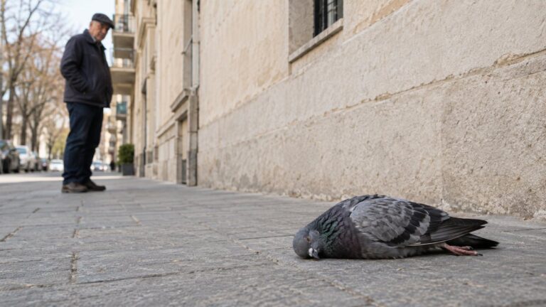 Un porumbel mort zace pe trotuar, observat de la distanță.