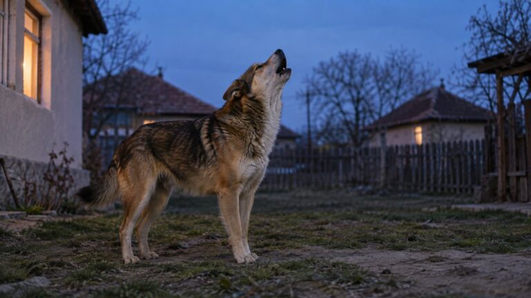 Un câine urlă în curtea unei gospodării românești, la lăsarea serii.