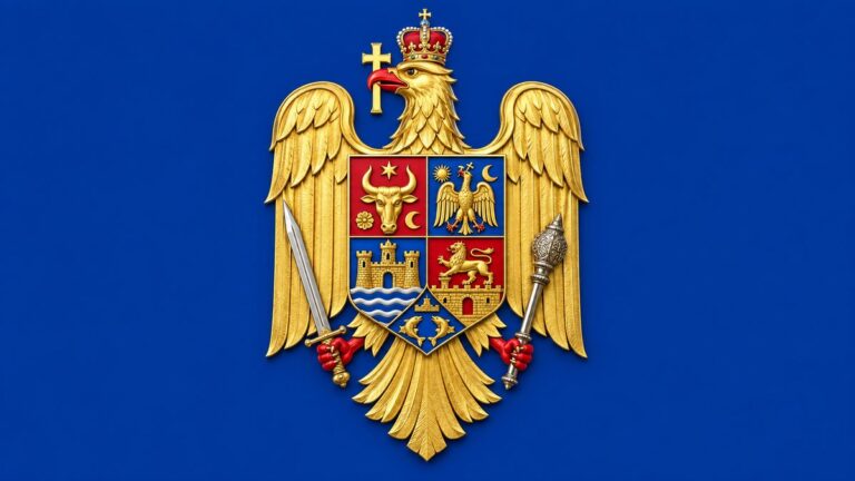 Stema României, cu acvila aurie și scutul cu însemnele istorice.