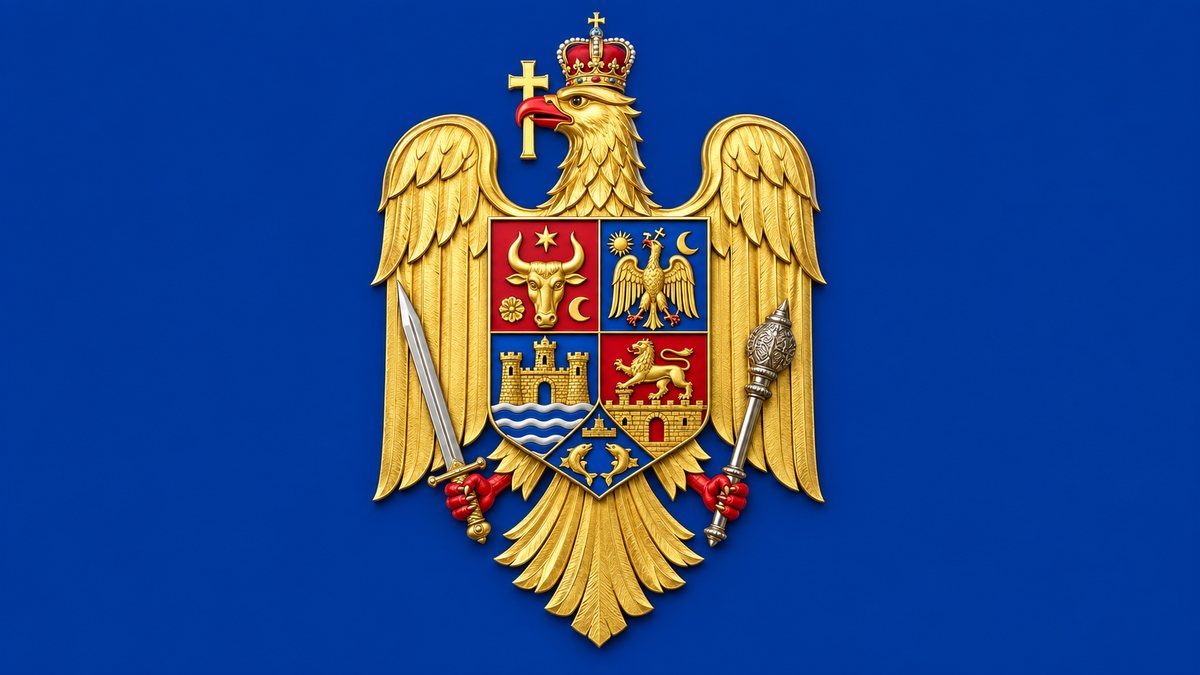 Stema României, cu acvila aurie și scutul cu însemnele istorice.