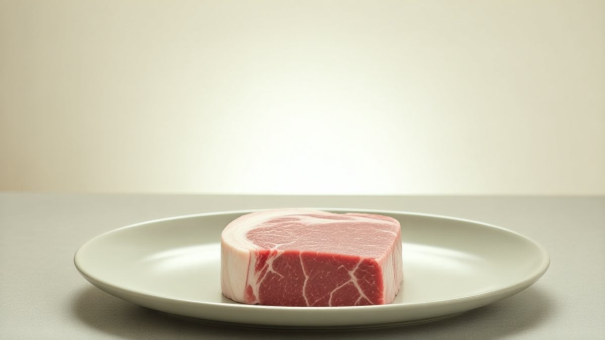 O bucată de carne crudă pe o farfurie simplă, într-o bucătărie cu lumină difuză.