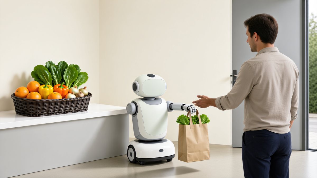 Un robot simplu duce o sacoșă de la tejghea până la ușa unui client.