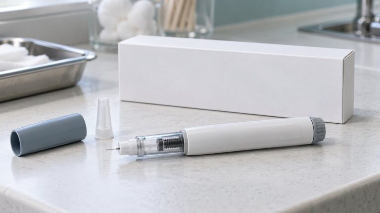 Un stilou injector medical și o cutie fără inscripții pe un blat de clinică.