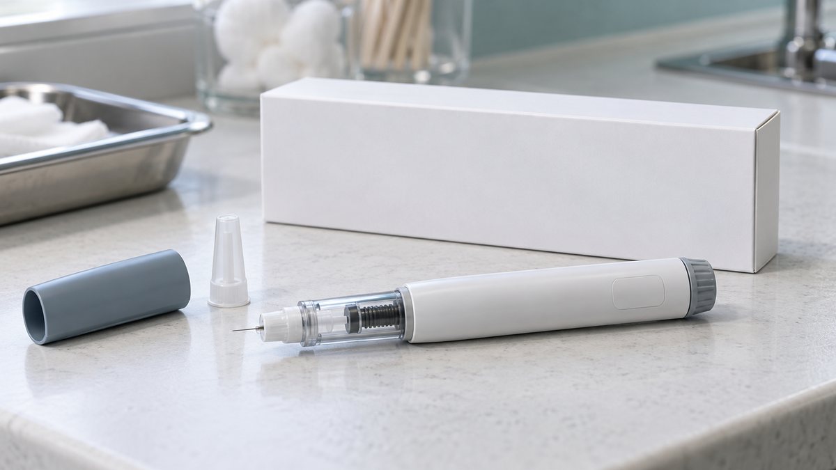 Un stilou injector medical și o cutie fără inscripții pe un blat de clinică.