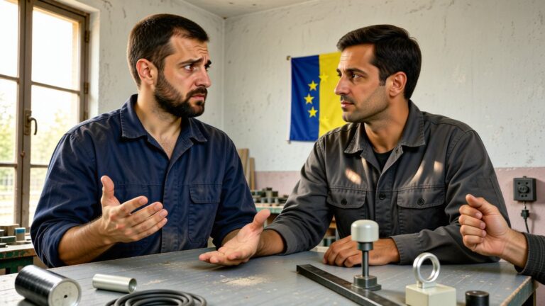Un angajat și un angajator discută condițiile de muncă într-un atelier românesc.