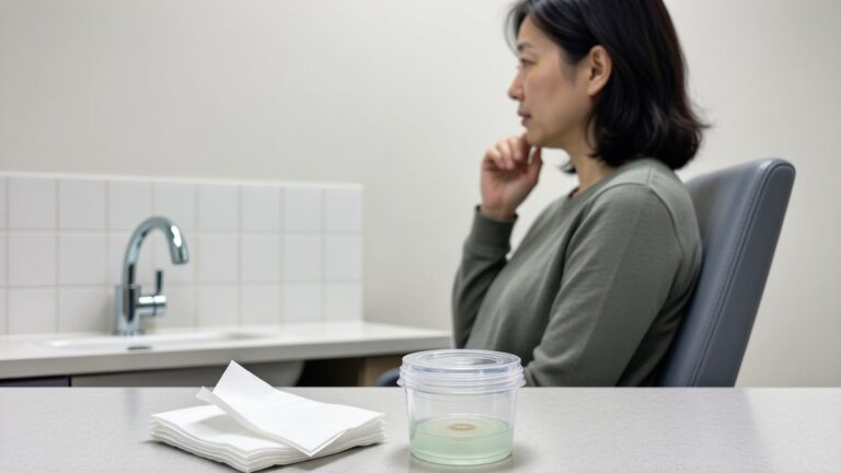 Un recipient transparent cu spută se află lângă un șervețel într-o clinică.