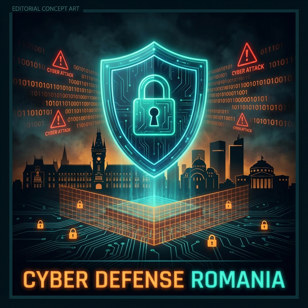 Ilustrație atac cibernetic și securitate digitală - scut protecție date personale