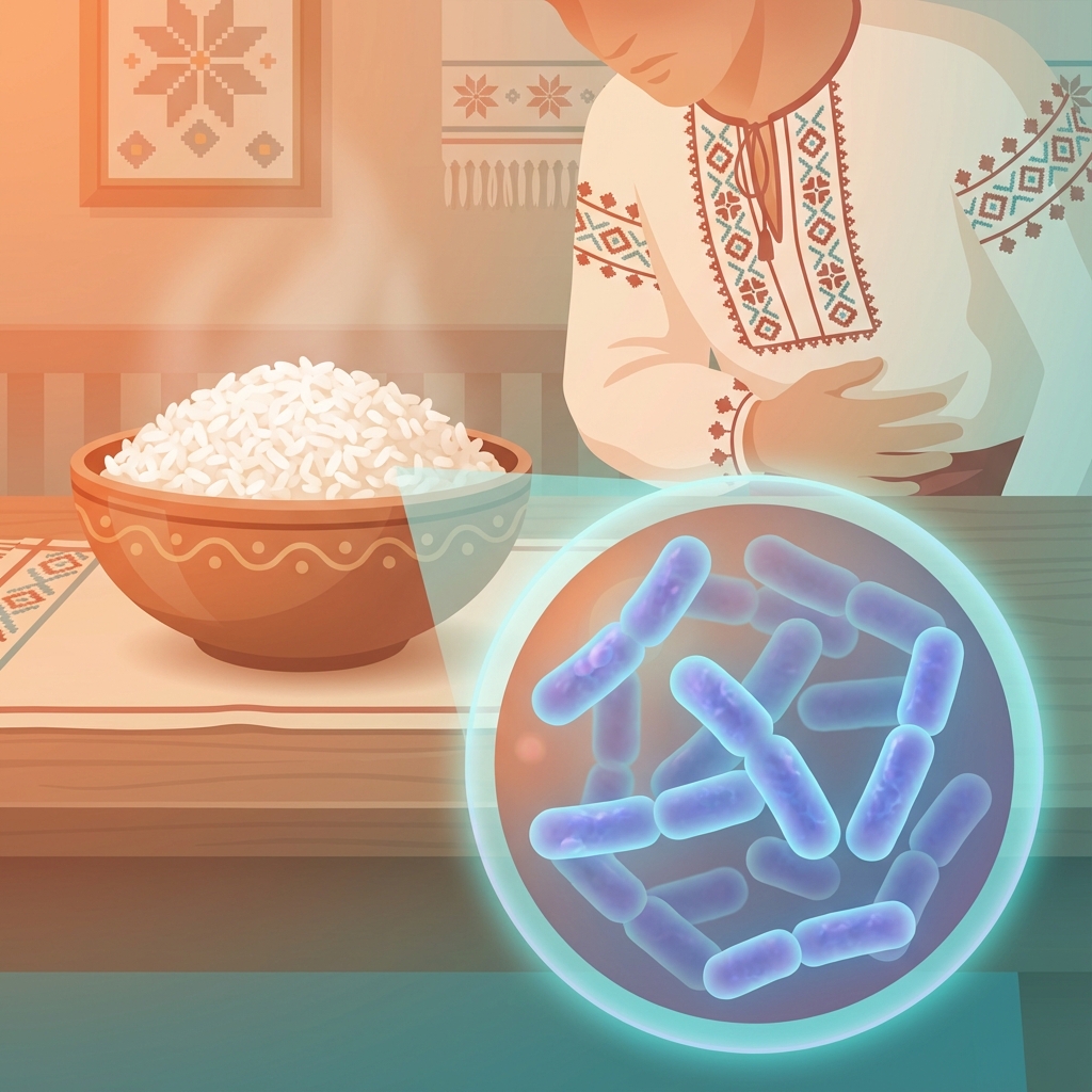 Bacillus cereus bacterie vizualizată microscopic cu orez contaminat în fundal - prevenirea intoxicației alimentare