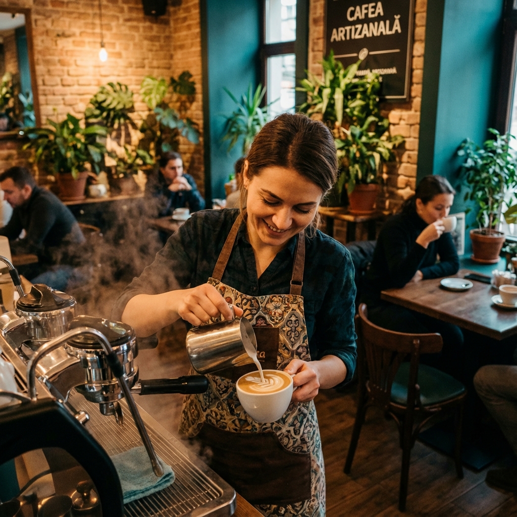 Barista profesionist pregătind latte art într-o cafenea de specialitate