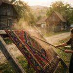 Ce înseamnă când visezi că bați covoare Covor tradițional românesc bătut în curte însorită, simbolizând curățarea emoțională și eliberarea de trecut în interpretarea viselor