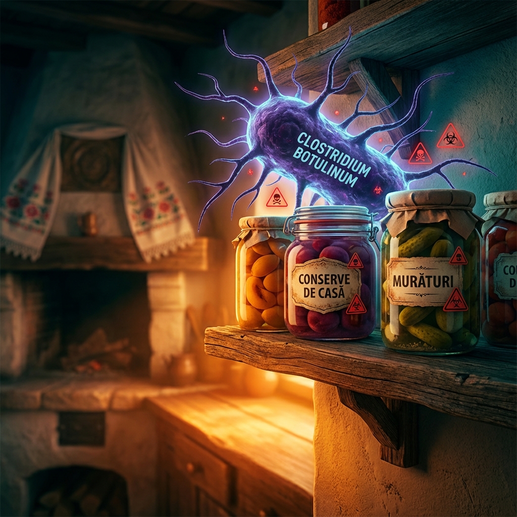 Ilustrație medicală despre botulism arătând bacteria Clostridium botulinum și conserve de casă