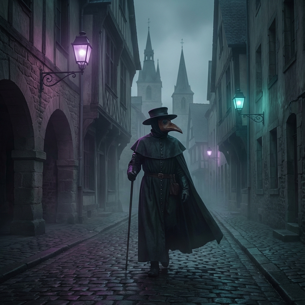 Ilustratie doctor de ciuma in oras medieval ceata