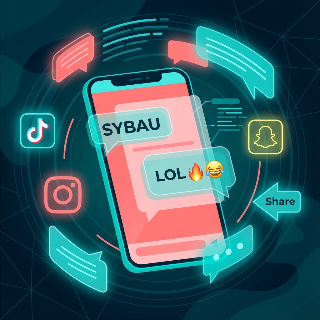 Ilustrație digitală cu smartphone și baloane de chat reprezentând acronimul SYBAU din slang-ul Gen Z pe TikTok