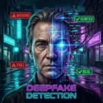 Ilustrație deepfake - față umană semi-digitalizată cu efecte AI și grilă de scanare