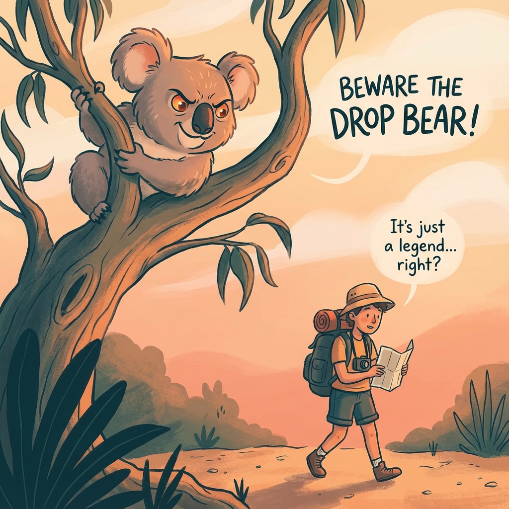 Drop bear - koala prădător fictiv din folclorul australian, legendă urbană pentru turiști