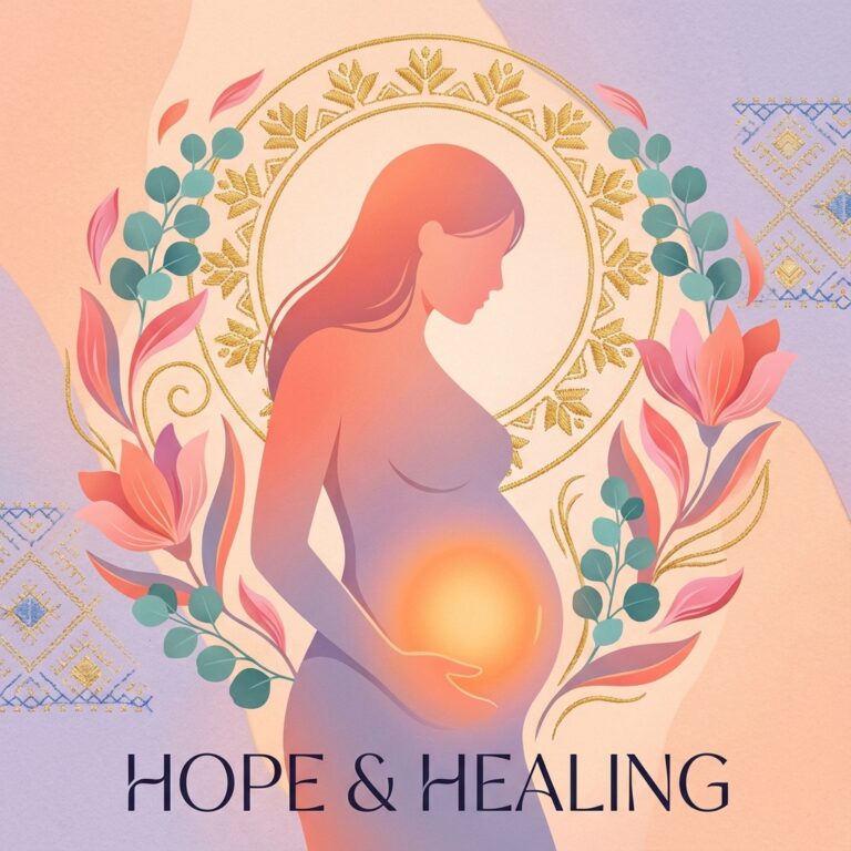 Femeie simbolizând speranța și vindecarea de endometrioză, ilustrație editorială cu elemente florale