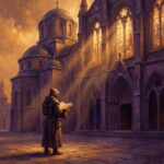 Ce înseamnă eretic: Definiție, istorie și semnificație completă Figură solitară în haine simple în fața unei catedrale gotico medievale, simbolizând un eretic care înfruntă Biserica