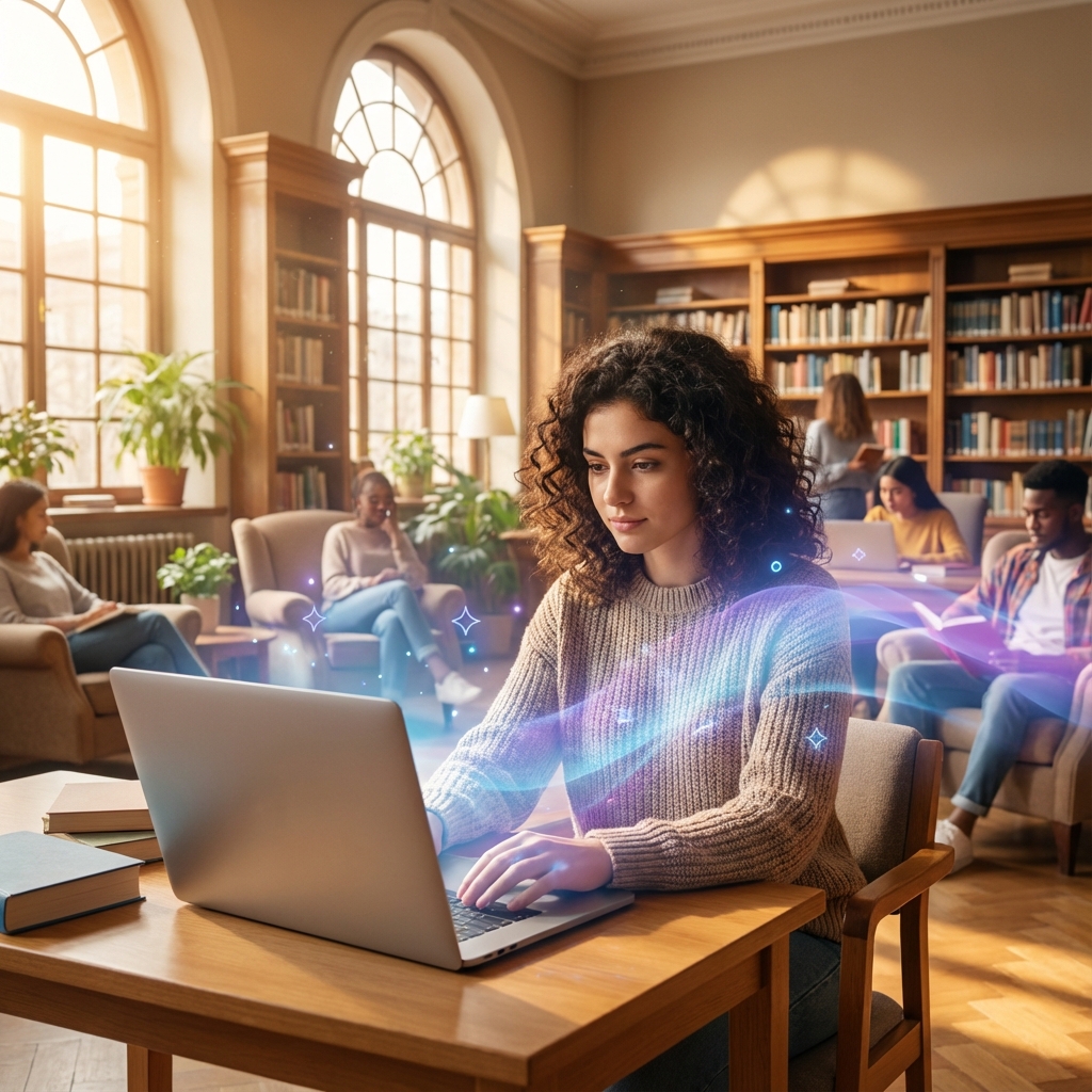 Ilustrație cu un student român folosind Google Gemini într-o bibliotecă modernă