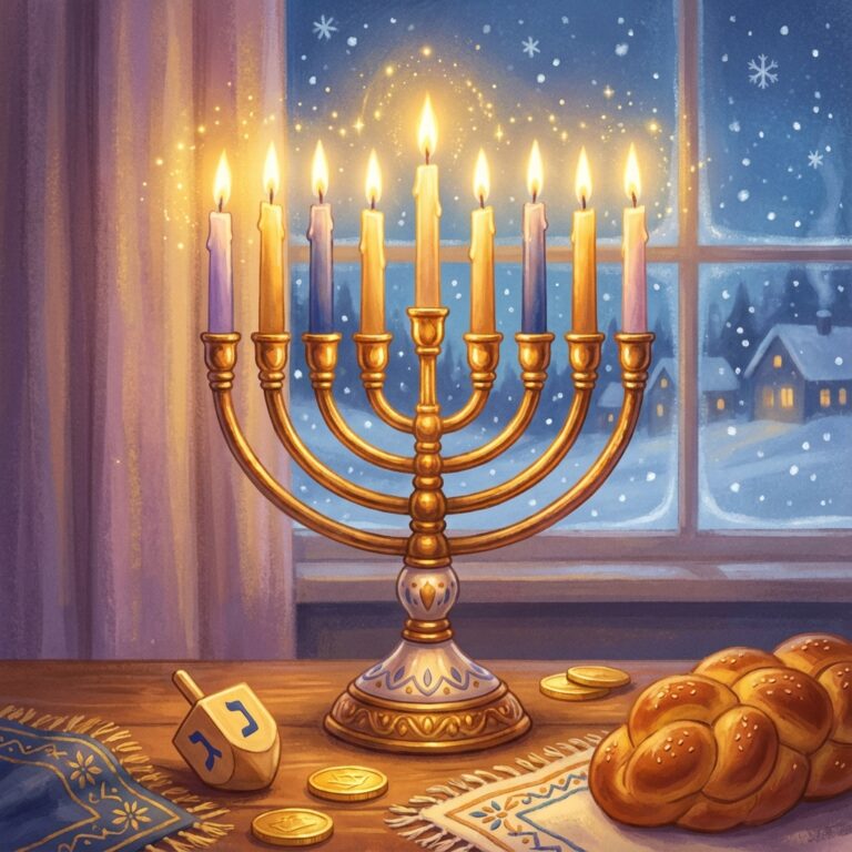 Menora de Hannuka cu nouă lumânări aprinse - sărbătoarea evreiască a luminilor