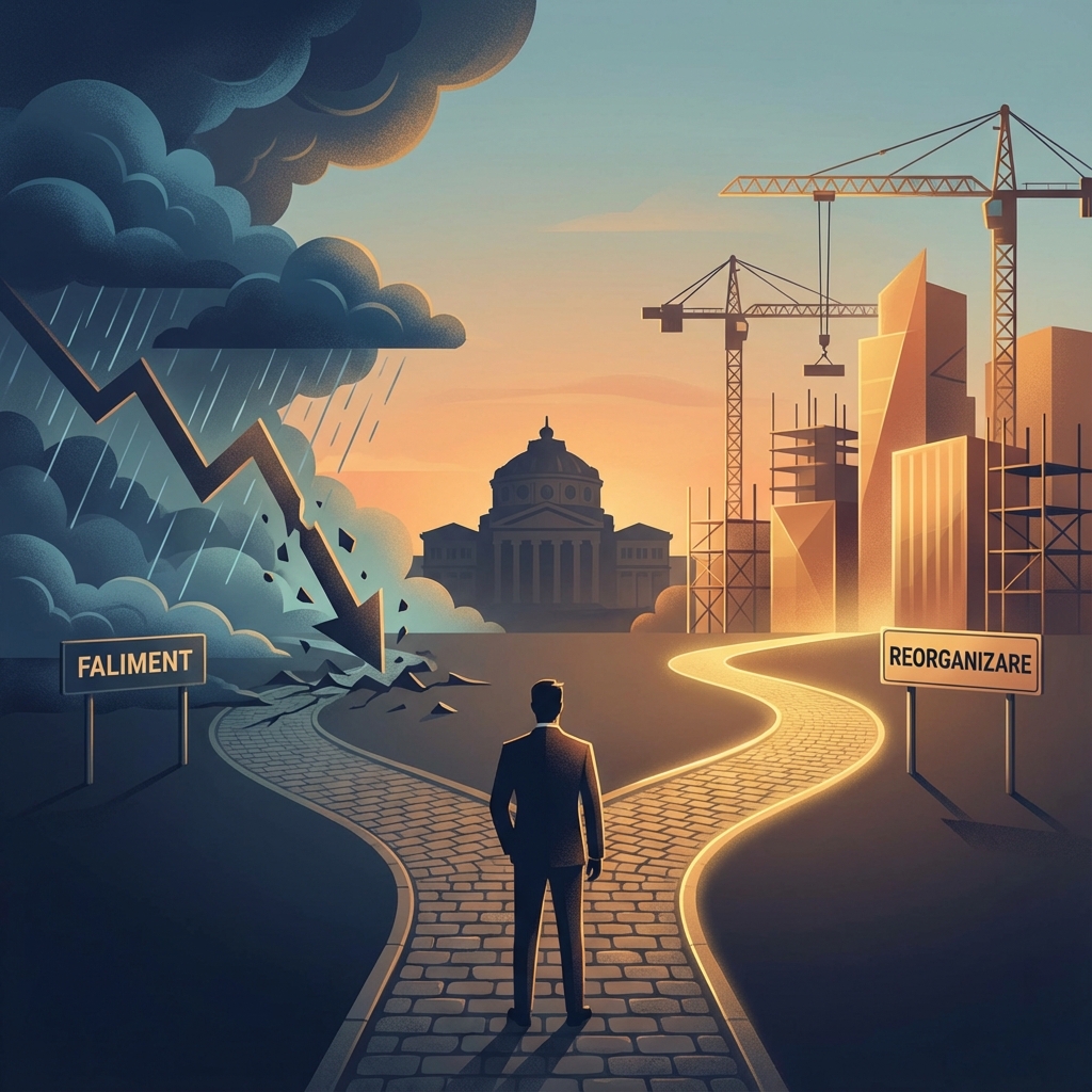 Ilustrație conceptuală despre insolvență: calea spre reorganizare sau faliment