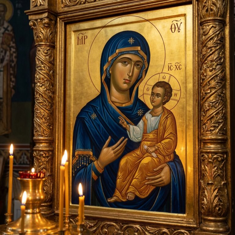 Icoana bizantină Pantanassa a Maicii Domnului cu Pruncul Iisus, icoană făcătoare de minuni de la Mănăstirea Vatopedi
