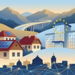 Ilustrație modernă reprezentând PNRR-ul României cu simboluri europene, infrastructură și energie verde