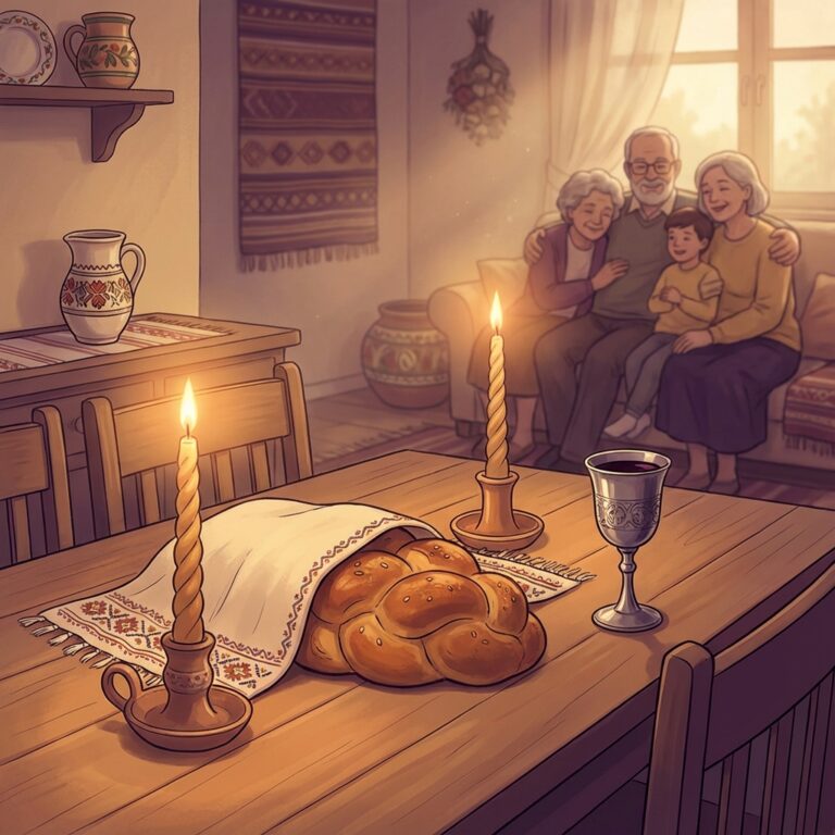 Masă festivă de Sabat cu lumânări aprinse challah și vin reprezentând ziua sfântă de odihnă